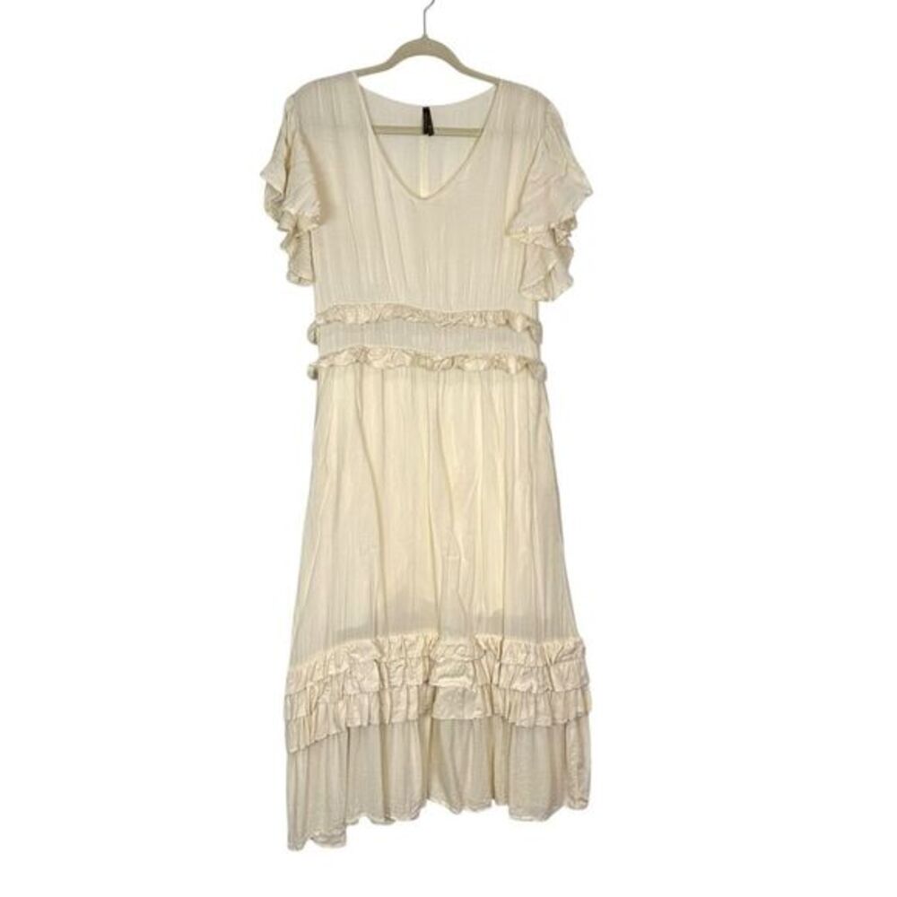 Stetson Midi Dress Flowy Medium Cream Herringbone Flutter Sleeve Ruffle V-Neck